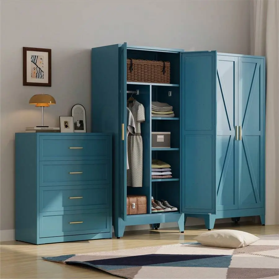 71-Inch Heavy Duty Romantic-French Carbon Steel Wardrobe - 2-Door Floor-Standing Storage Cabinet, 4 Adjustable Shelves, Reinforced Hanging Support, Magnetic Closure, 18-Inch Deep, Assembly Required for Bedroom, Garage, Hospital