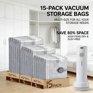 Cordless Travel Vacuum Storage Bags Set with Rechargeable Air Pump, 15 Pack Compression Packing Bags, 140L/Min Powerful Air Removal, Portable Travel Packing Organizer, Reusable Waterproof Vacuum Seal Bags, Perfect for Suitcase Carry-On