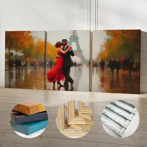 3 Piece Set Wooden Framed Canvas Poster, Couples, Dancing, Vintage Oil Painting Style, Parisian Street Scene, Eiffel Tower, Telephone Booth, Impressionist, Home Decor, Art Print, Wall Art for Living Room, Bedroom, Office, Hallway, Ideal Gift For Friends.