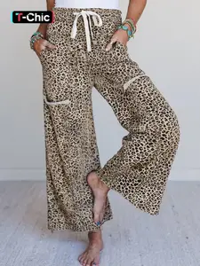 Hotapei Spring Autumn Casual Animal Print Leopard Wide Leg Fleece Knit Pants, Comfortable and Stylish Women's Long Trousers, Casual Lounge Pant