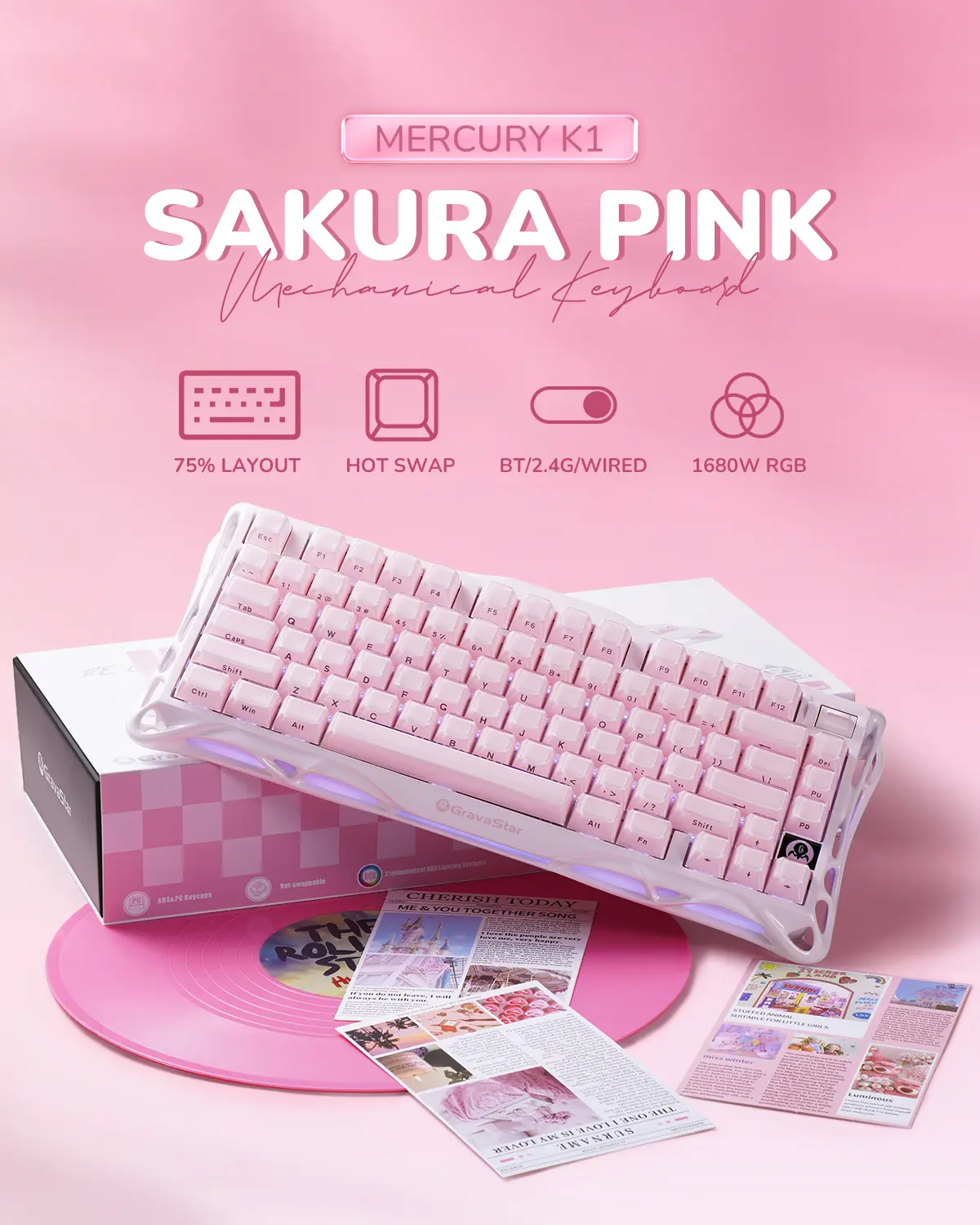 GravaStar Mercury K1 - Sakura Pink 75% Pink Wireless Creamy