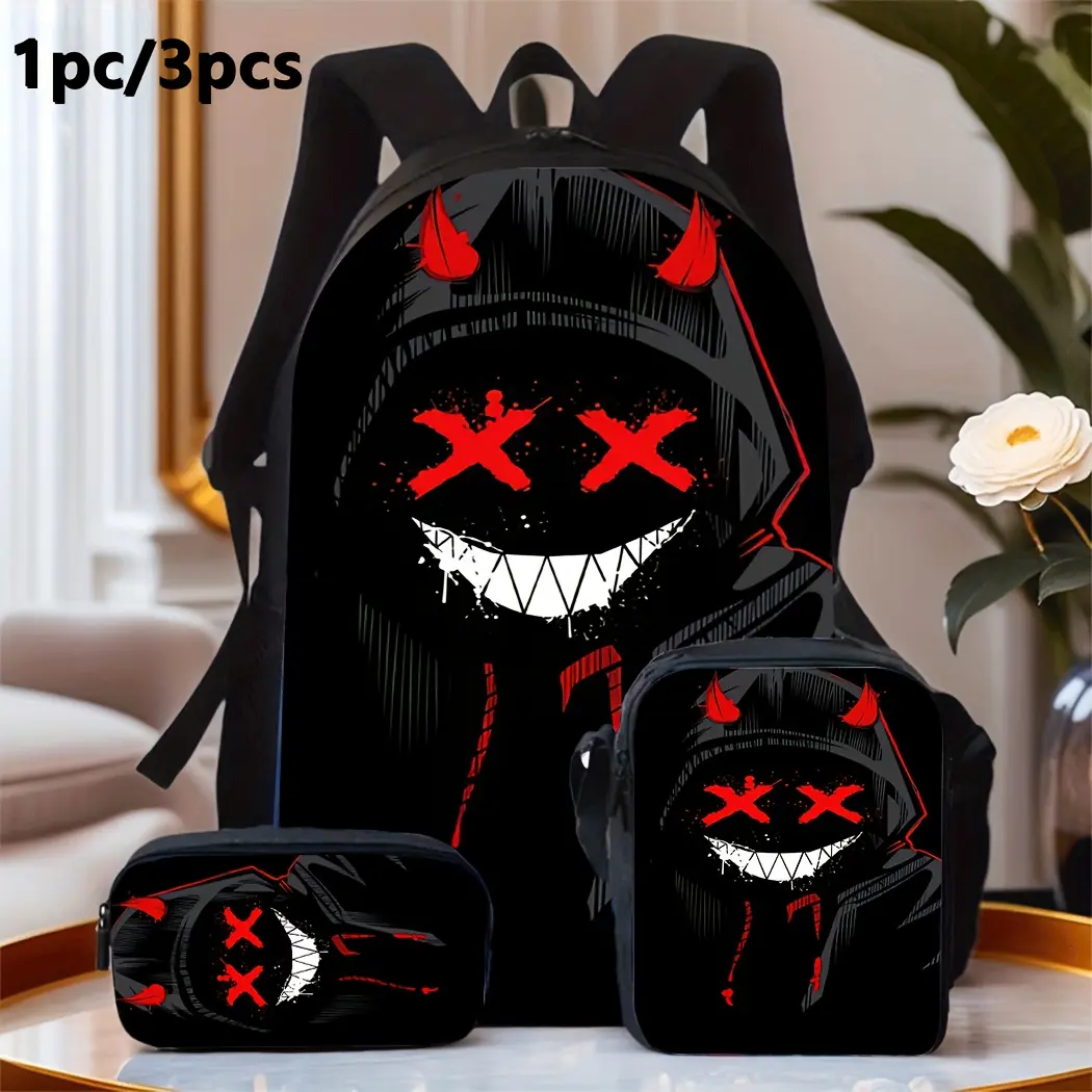 Devil Hoodie 3-Piece Backpack Set, Red Horns & X-Eyes Print School Bag + Lunch Bag + Pencil Case, Oxford Cloth Adjustable Strap Daypack for Teens & Streetwear Fans