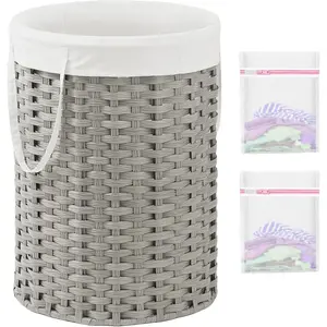 Laundry Basket Round Rattan Laundry Hamper 29.1 Gal(110 L) Handwoven Large Wicker Basket with Handles, Wicker Hamper with Removable Bags and 2 Mesh Bags for Bathroom Living Room Gray(No Lid)