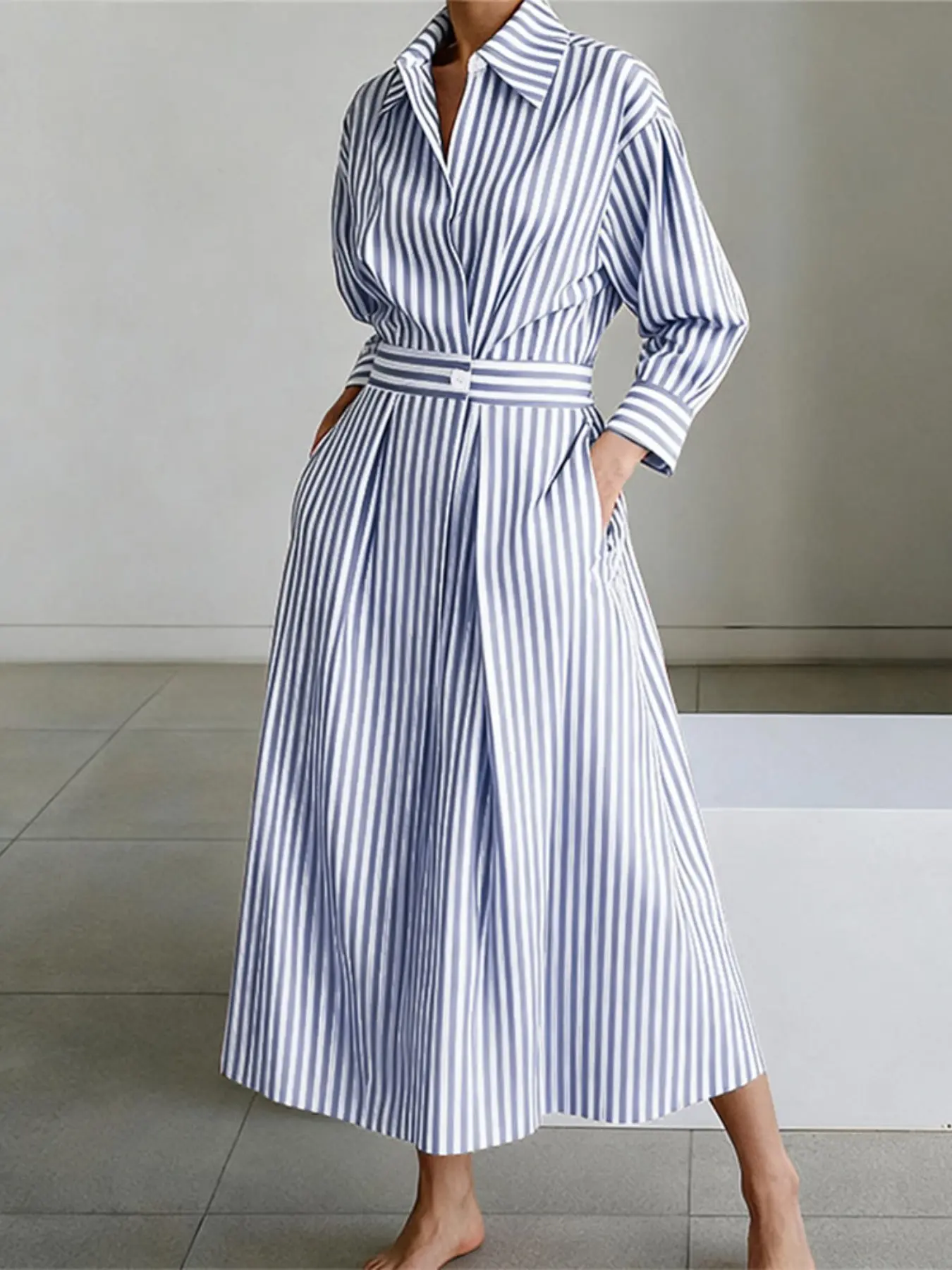 Women's Commuter Casual Wear Lapel Long Sleeve Striped A-Line Dress with Pockets, Loose-Fitting Midi Dress for All Seasons, Casual Comfy Classy, Casual Fashion Dress - TikTok Shop Women's Commuter Casual Wear Lapel Long Sleeve Striped A-Line Dress with Pockets, Loose-Fitting Midi Dress for All Seasons, Casual Comfy Classy, Casual Fashion Dress - TikTok Shop