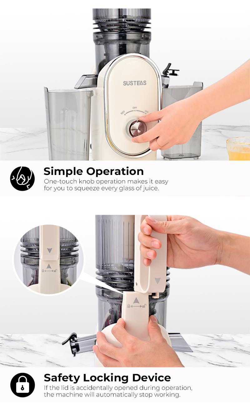 SUSTEAS Cold Press Juicer Large Inlet 5.3" Feed Chute Slow Masticator High Yield 98% Juice Extractor Easy Clean Portable Blender for Whole Fruit Juicing
