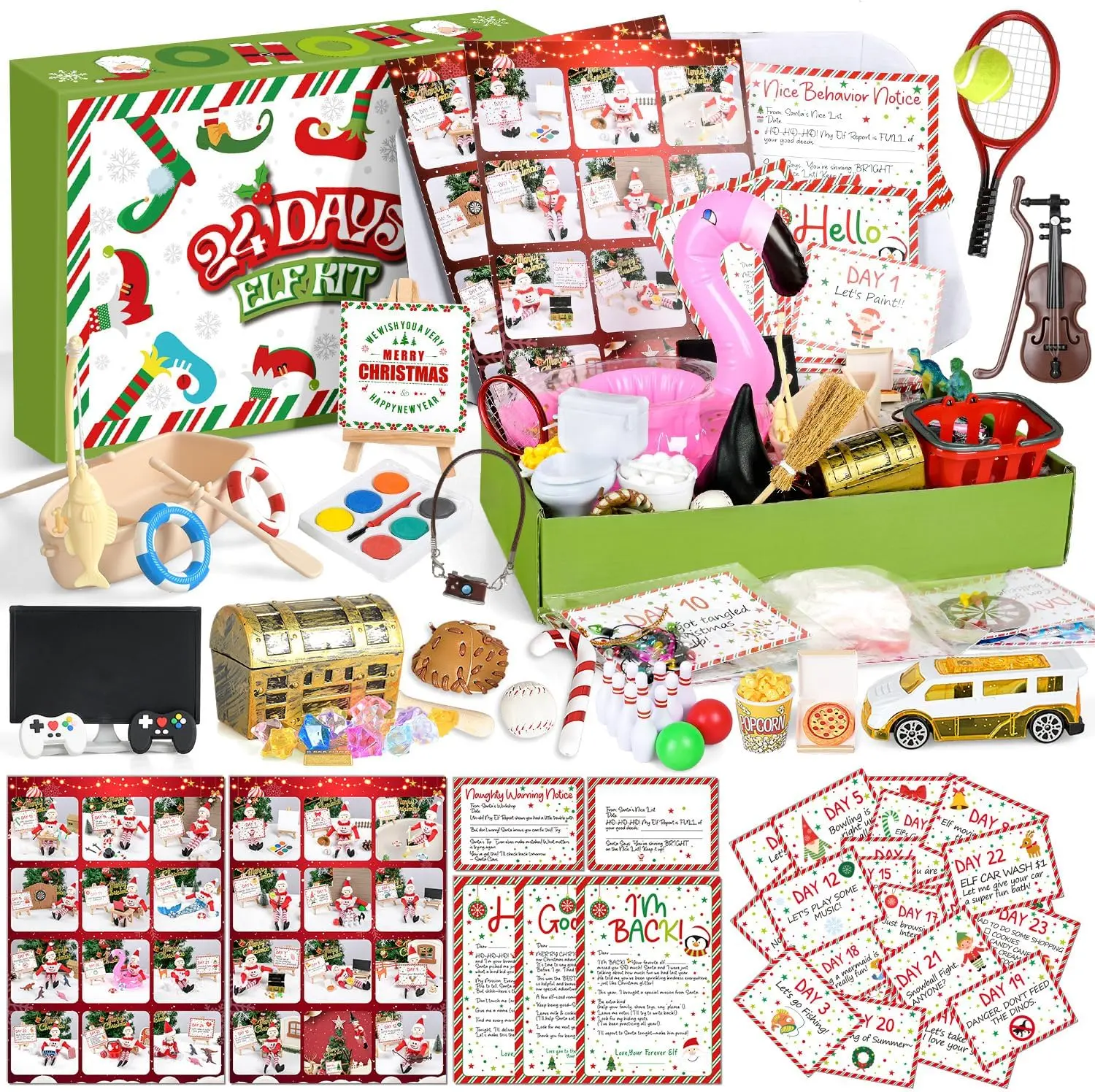 Halloween fall Gifts Christmas Gift Elf Activities Kit – 24 Days Christmas Elf Accessories Props Set with Instructions, Photos, Letter, Card, Certificates & Warning Notes, Elf Ideas for Magic Christmas Countdown