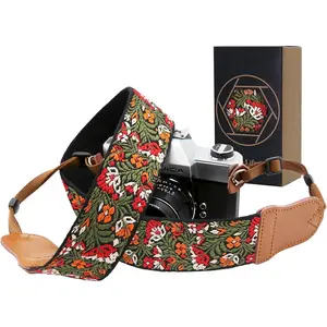 Z-KCK4  Green Flower Camera Strap for All DSLR Cameras,Double Layer Cowhide Ends,2" Wide Pure Cotton Embroidered Woven Camera Straps,Adjustable Neck & Shoulder Strap,Gift for Photographers
