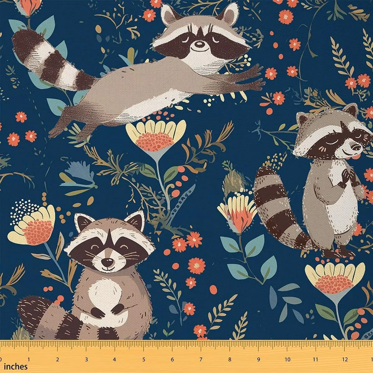 Cartoon Raccoon Fabric Retro Flowers Jungle Plants Graffiti No Stretch Sewing Fabric Watercolor Cute Wild Animals Rustic Flannel Polyester Fabric DIY Projects Pre-Cut,3 W