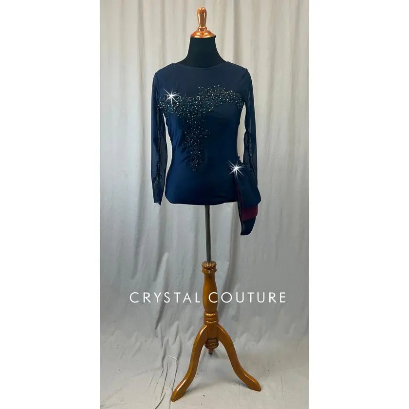 Navy Blue Leotard with Mesh Sleeves and Side Bustle - Rhinestones