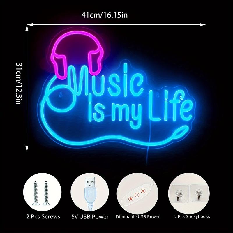 Music is my life LED neon sign, 1 piece music neon wall decoration light, dimmable headset neon light, bedroom, music studio, club, birthday, music party, live music night decoration LED wall lamp gift