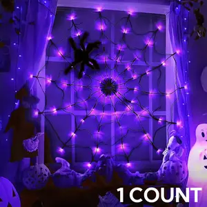 1.2m Spider Web LED Lights with 70 Leds, Halloween Decorative Lighting with 8 Adjustable Modes, USB Powered Remote Control Atmosphere Light for Home and Outdoor Decor