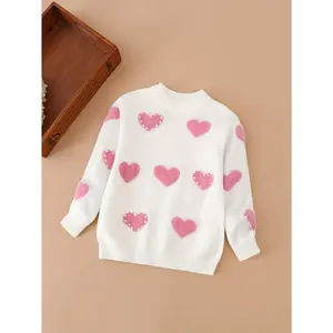 [Elegant Sweater] Elegant Heart Pattern 1pc Crew Neck Sweater Girls |   Long Sleeve Pullover with Pearl Accents, Winter Knit - Acrylic 51%, Polyamide 21%, Polyester 28%, Thick
