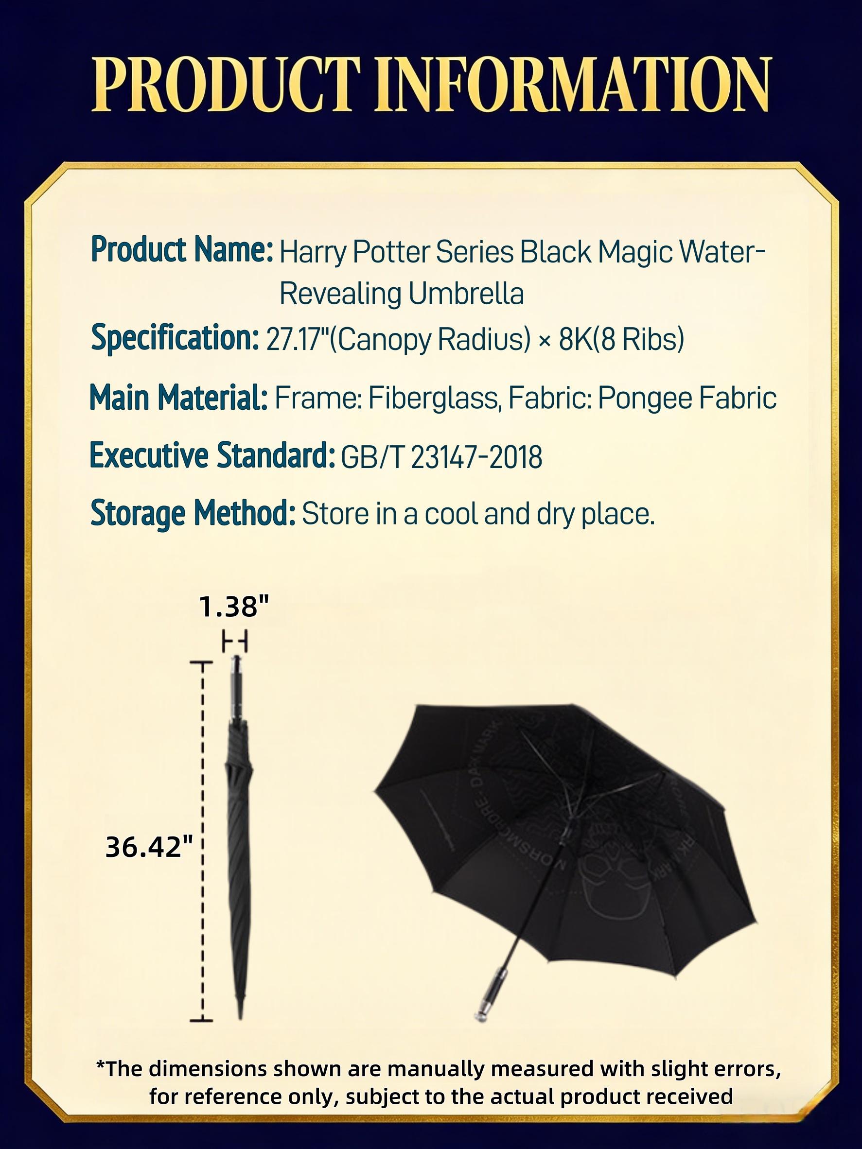 MINISO Harry Potter Black Magic Long Umbrella, Water-Activated Hidden Pattern Reveal, Rain & Sun Dual-Use, UV Protection, Windproof, Fun Gift for Potterheads