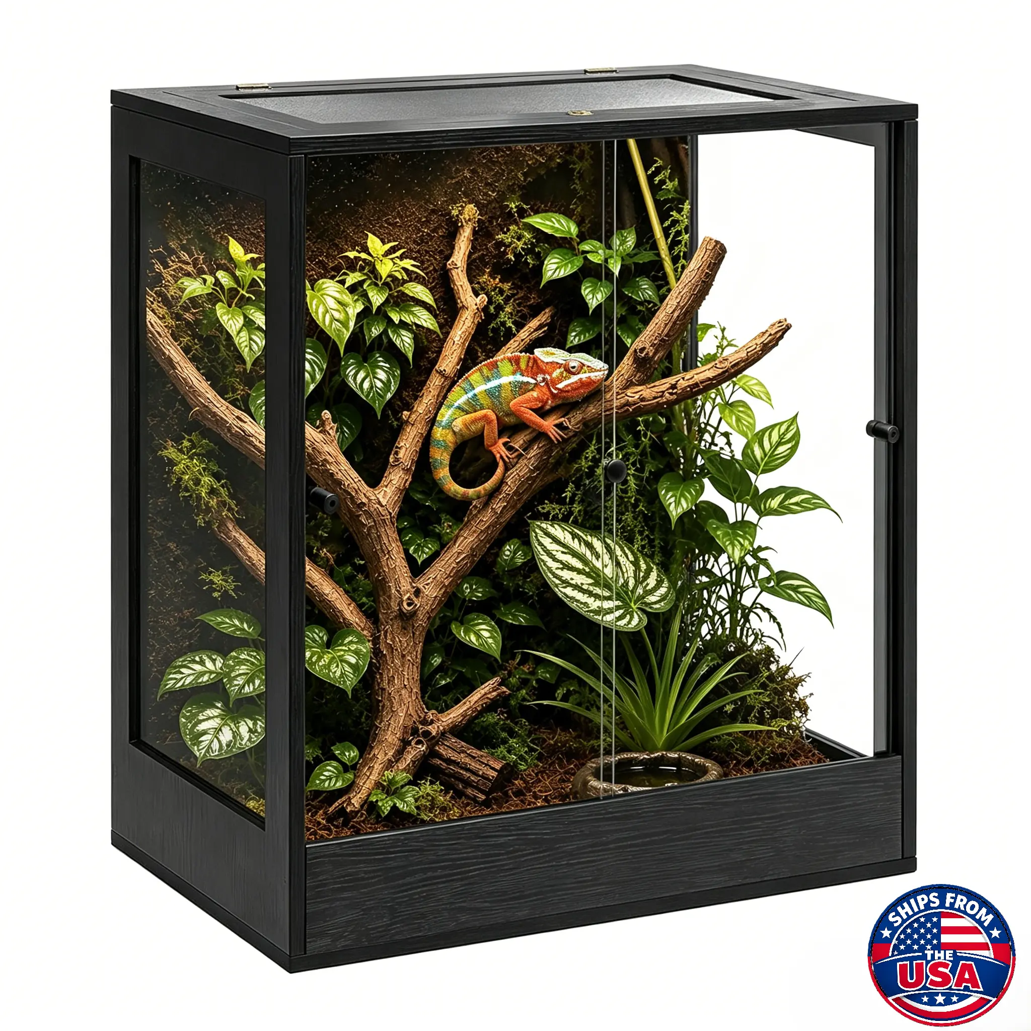 PROLEE 90 Gal Tempered Glass Reptile Terrarium Enclosure, 32"x18"x36" Vertical Wood Tank with Front Sliding Doors, Ventilated Mesh Top Rainforest Habitat for Chameleons, Ideal for Bedrooms & Living Spaces
