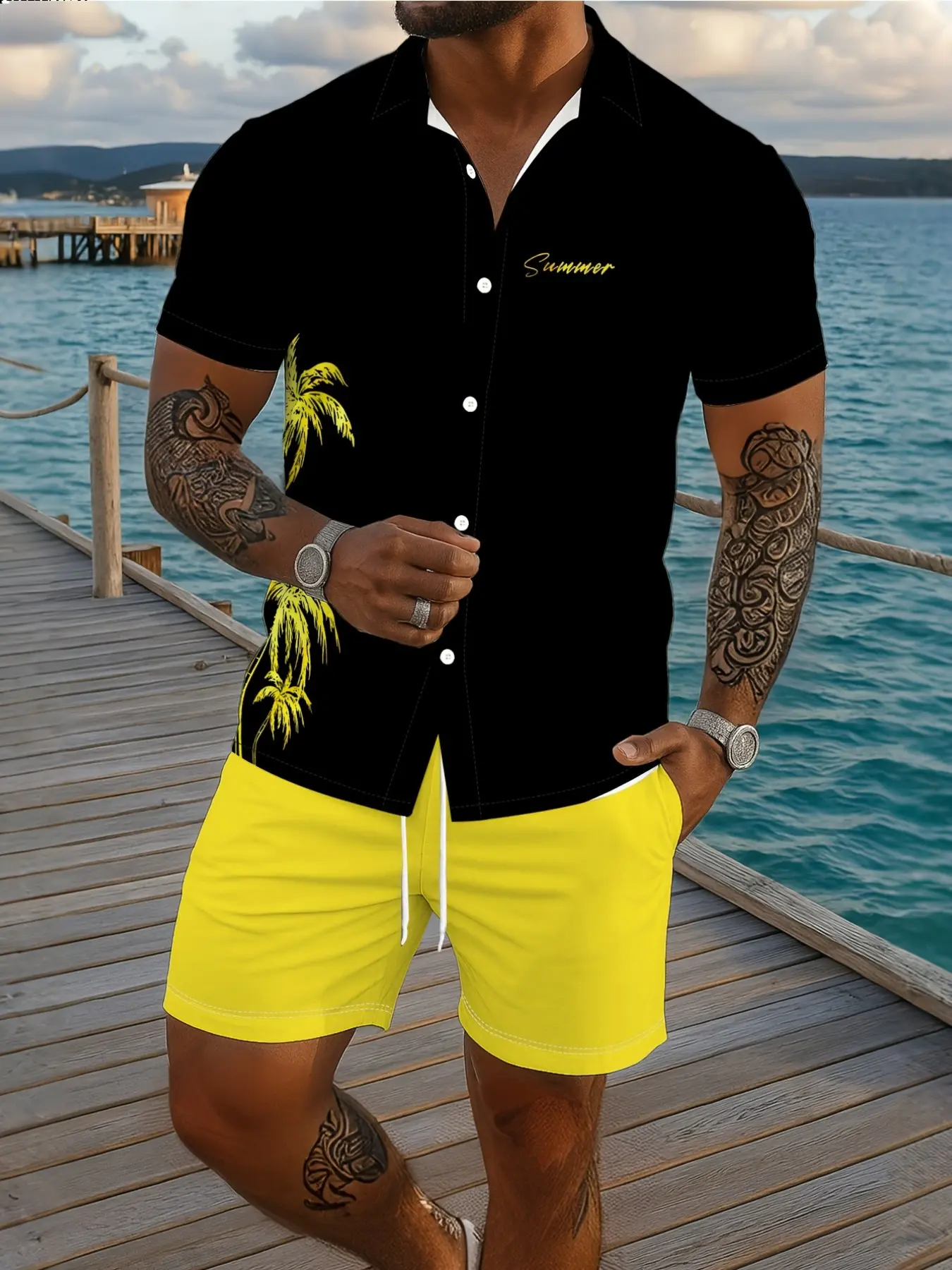 Men's Short Sleeve Shirt with Beach Shorts Set, Summer Tropical Beach Casual Fashion, All Seasons Contemporary Style, Outfit