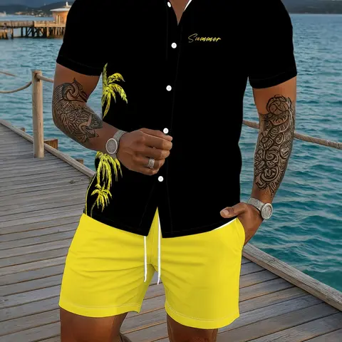Men's Short-Sleeve Shirt with Beach Shorts Set, Summer Tropical Beach Casual Fashion, All-Season Contemporary Style, Printed Outfit, Top Shorts Set