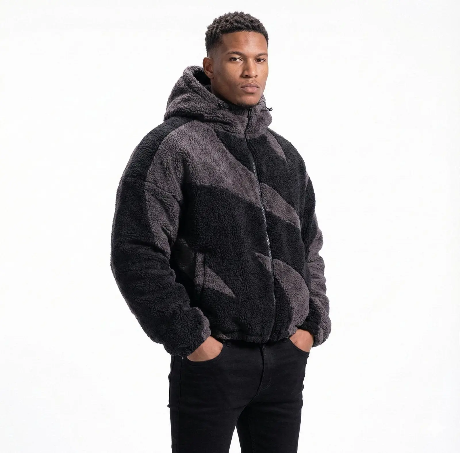 High Level Men’s Graphic Sherpa Teddy Jacket, High Neck Fluffy Zip-Up Hoodie, Long Sleeve Baggy Y2K Streetwear Winter Tops for Joggers