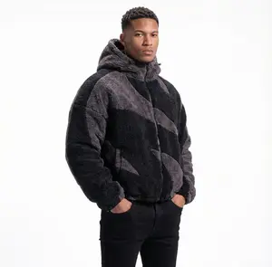 High Level Men’s Graphic Sherpa Teddy Jacket, High Neck Fluffy Zip-Up Hoodie, Long Sleeve Baggy Y2K Streetwear Winter Tops for Joggers