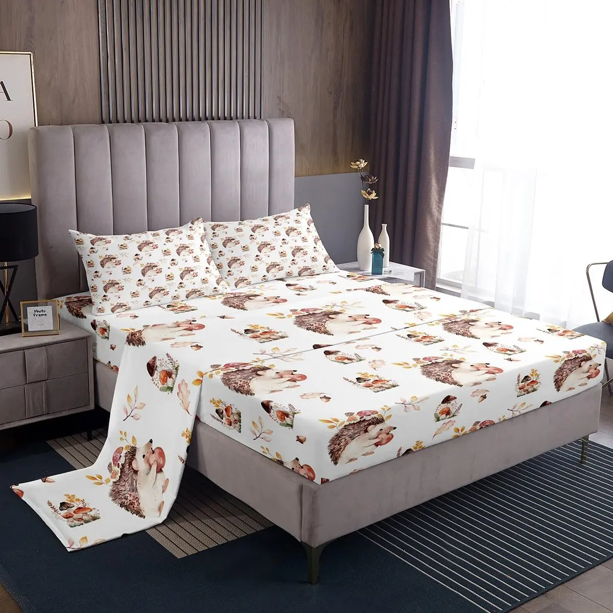 Feelyou Kawaii Hedgehog & Mushroom Decor Bedroom Bedding Set - Soft Microfiber Linen, Multi-Piece, Kids’ Use, Multi-Size (Full, King), Durable, Smooth, Breathable, Machine Washable, Includes Bed Sheets