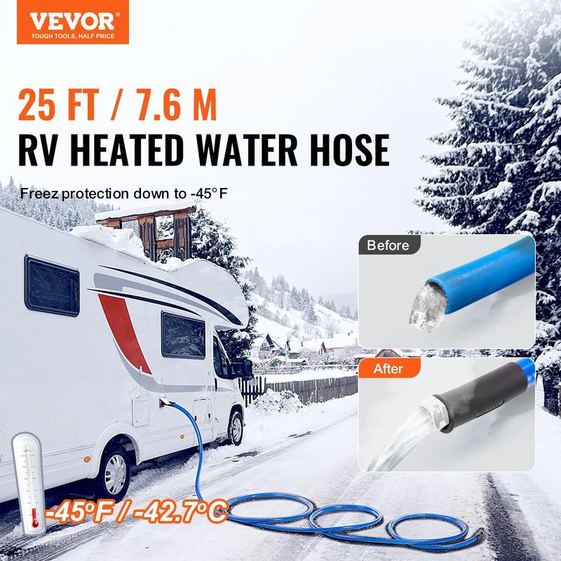 VEVOR 25ft Heated Water Hose for RV, Heated Drinking Water Hose Antifreeze to -45°F, Automatic Self-regulating, 5/8" I.D. with 3/4" GHT Adapter, Lead and BPA Free
