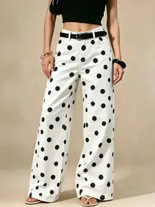 High-Quality High-Waisted Stretch Polka Dot Wide-Leg Jeans, Retro French Style, Flattering Fit, All-Season Wear, Womenswear