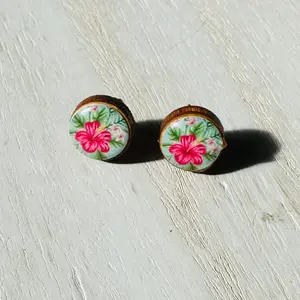 Hawaiian Hibiscus Flower Wood Stud Earrings