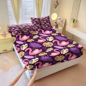 3Pcs Vibrant Flamingo and Tropical Leaf Fitted Sheet Set,   Deep Purple Background with Whimsical Pink Flamingos and Yellow Palm Leaves, Perfect for a Fun Bedroom Makeover! Includes 2 Pillowcases, No Pillow Core