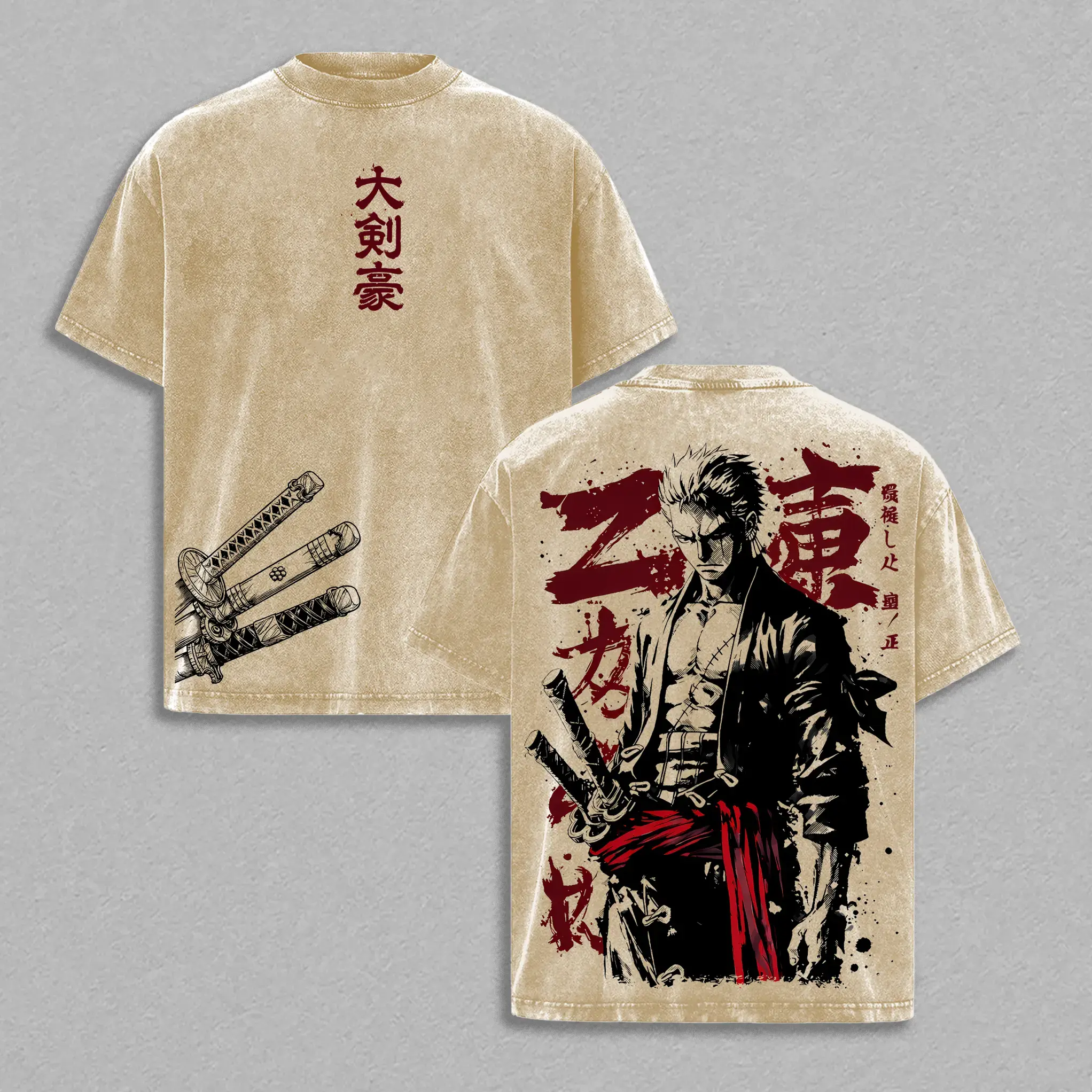 Zoro - OP Vintage Clothing Washed T-Shirt _ Anime Zoro Back Print Shirt _ Heavyweight Cotton _ Unisex Streetwear Top Casual Wear _ Three Swordsman Graphic Tee _ Gift for Anime Fans