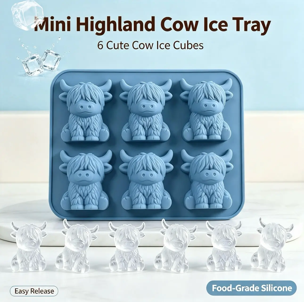 Mini Highland Cow Ice Tray, 6-Cavity Silicone Ice Cube Mold, Cute Cow Shape Ice Maker for Drinks, Coffee, Cocktails and Parties
