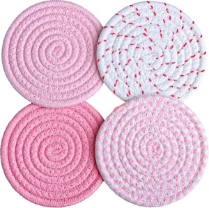 Set of 4 Drink Coasters  Large Fabric Cotton Coasters, Minimalist Boho Table and Desk Decor  for Coffee Cups as Gift (Colorful Pink)