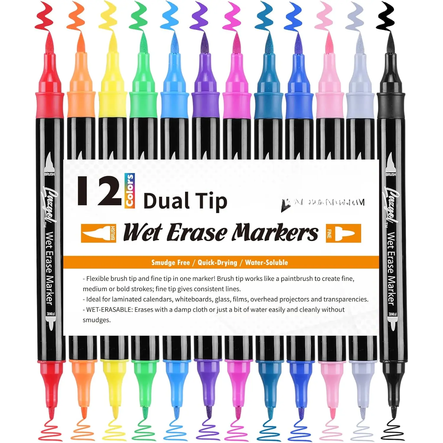 Wet Erase Markers Dual Tip,  12 Assorted Colors, Dual Tip Brush & Fine Overhead Transparency Smudge Free Markers for Dry Erase Whiteboard, Refrigerator Calendars, Glass, Films and Any Kind of