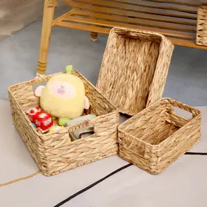 3-Piece Rectangular Woven Basket Set, Round Corner Handle Storage Baskets, Shelf Organizer for Toys Books, Handmade Storage Basket