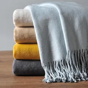 Fringed Mulberry Silk Throw Blanket for Sofa ( Blue)