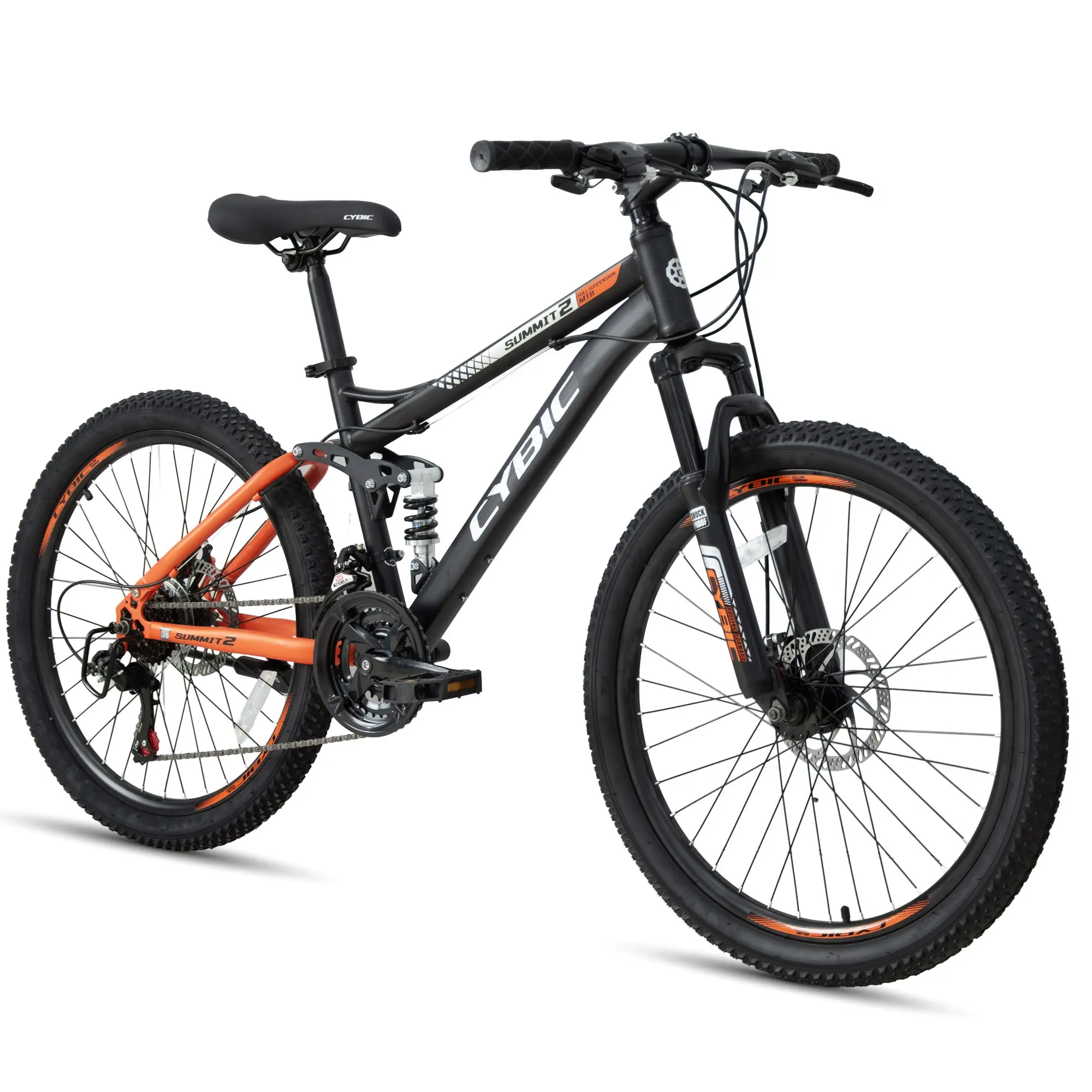 CYBIC 24/26 inch Mountain Bike for Boys Girls and Teens, Full Suspension, Shimano 21-Speed Bicycle with High Carbon Steel Frame, Dual Disc Brakes, Outdoor Sports, Great Gift, Black & Orange
