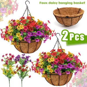 2Sets Artificial Hanging Flowers Baskets with 24 Realistic Daisies & Eucalyptus - UV-Resistant Outdoor/Indoor Decor for Porch, Patio, Balcony, Yard - Includes Hanging Baskets & Greenery summerwins