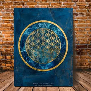 A Lotus Mandala Canvas Art with Life Flower - Blue Marble and Gold, Wooden Frame, Spiritual Home or Office Wall Decoration, Perfect Room Decor