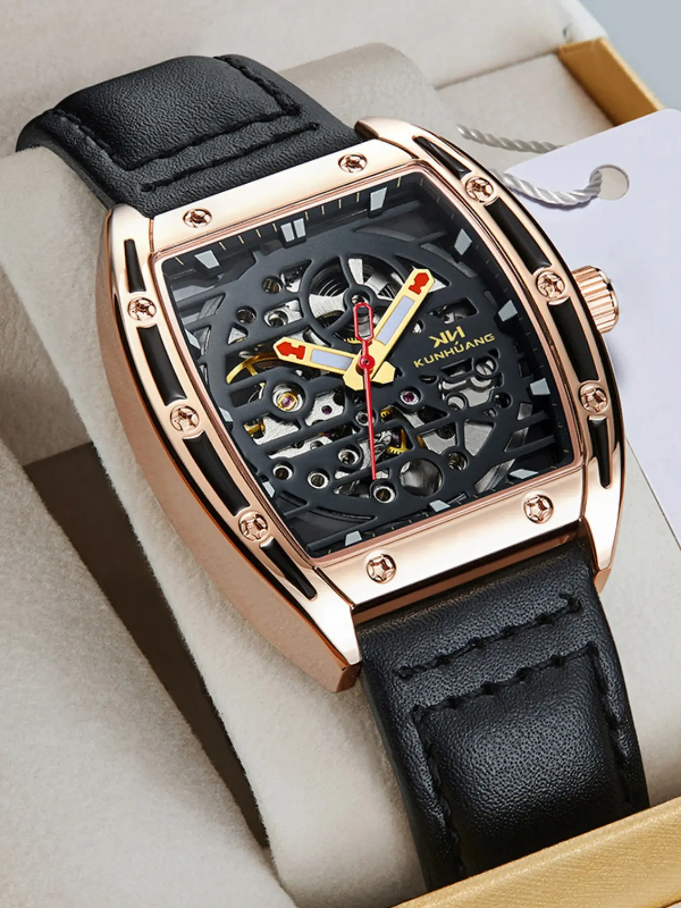 Kunhuang Men's Mechanical Watch, Cool Square Dial, Full Openwork Movement, Rose, Leather Strap, Street Style