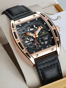 Kunhuang Men's Mechanical Watch, Cool Square Dial, Full Openwork Movement, Rose, Leather Strap, Street Style