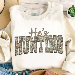 He’s Hunting Camo Sweatshirt & Hoodie, Hunting Season “Goodbye Husband Hello Hunting” Funny Quote, Deer Duck Dove Graphic, Cozy Fall Country Outdoor Style Apparel for Women