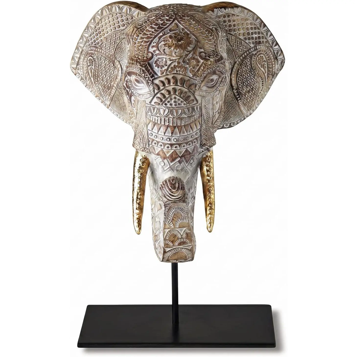 Carved Wood Elephant Statue Home Decor Living Room Luxury Gift | Detailed Filigree Resin, Boho Decor Shelf Accent, Distressed Cream White Gold Tusks, 11.8-Inch Height