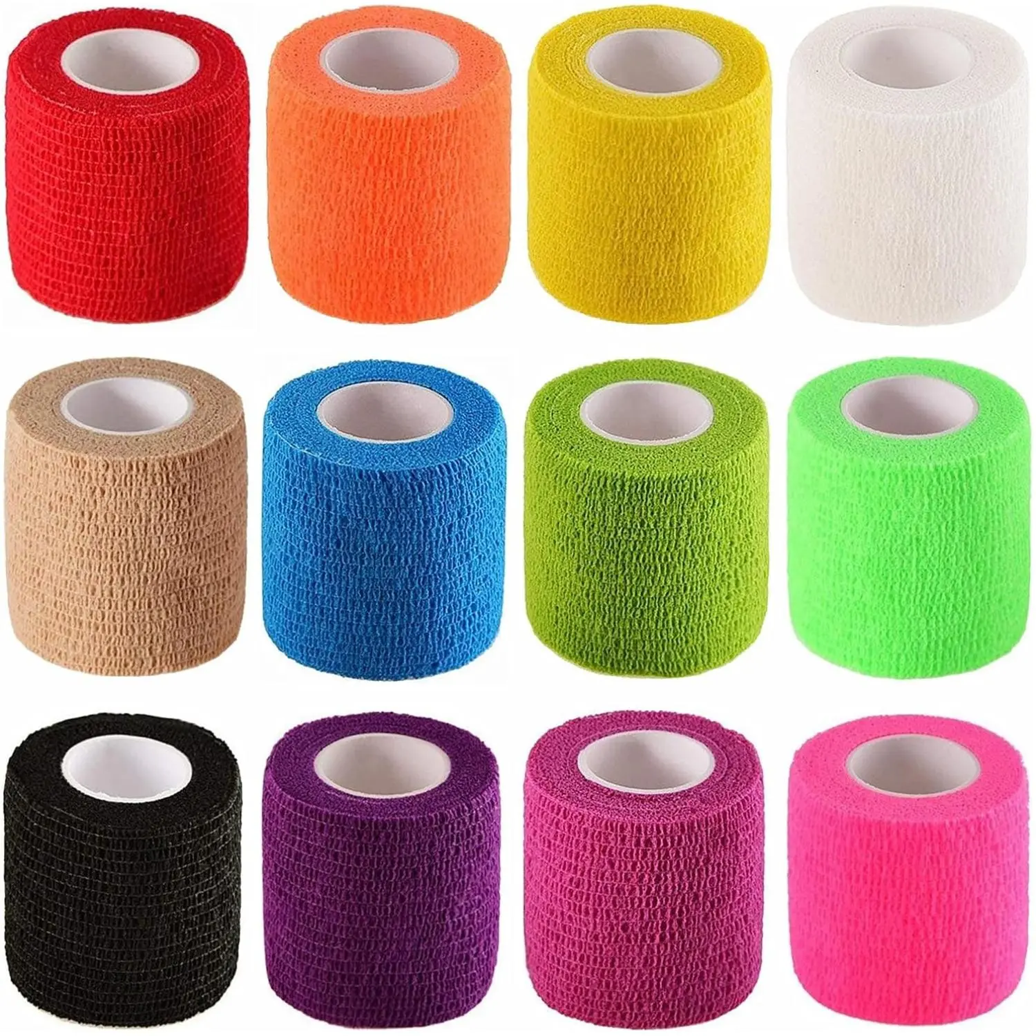 12 Rolls Hand Tear Self-Adhered Non-Woven Elastic Sports Tape, 2 in x 5 yds Unisex Adults Universal Sport Wrist/Ankle Support Cohesive Wrap