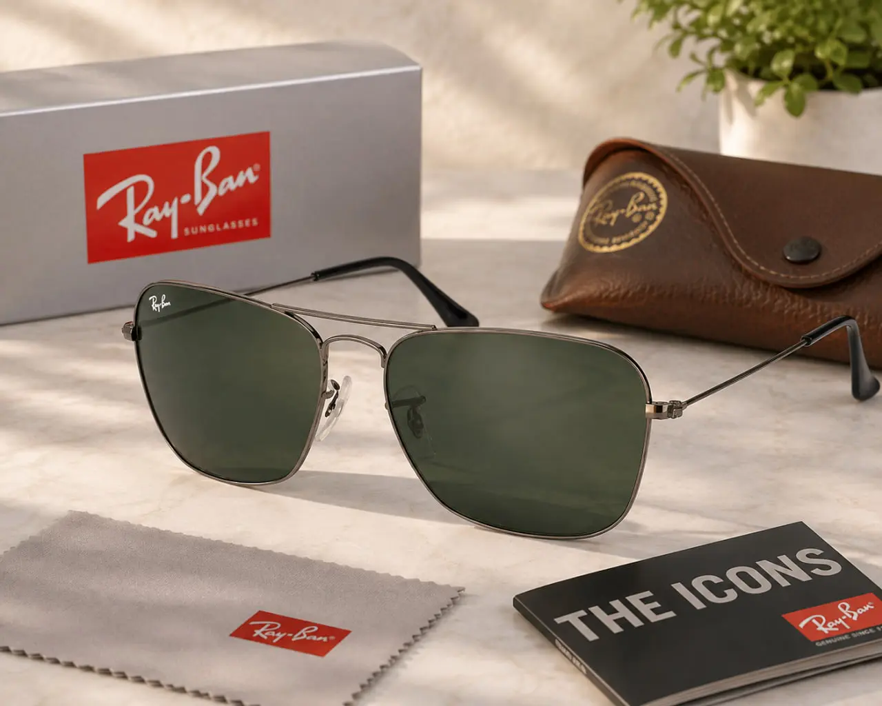 [Buy 2 Get 1 Free ] Ray-Ban Metal Rectangle Sunglasses Lightweight Green Lens Premium Eyewear for Driving Travel Beach