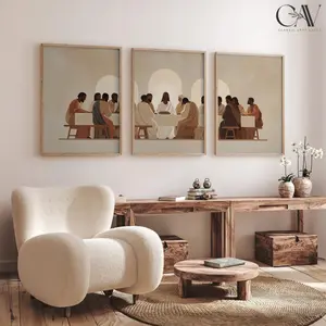 Jesus The Last Supper Art Print Poster Minimalist Modern Christian Farmhouse Neutral Painting Large Wall Art Set of 3 Piece Triptych #5001