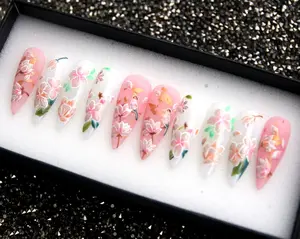 Secret Garden Floral Press On Nails – Hand-Painted 3D Stiletto Nails, Kawaii Japanese Style 