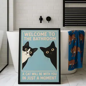 Welcome To The Bathroom Print: Funny Black Cat Poster - Quirky Vintage Wall Art - Gift For Cat Lover - Tuxedo Cat Art - Toilet Wall Decor