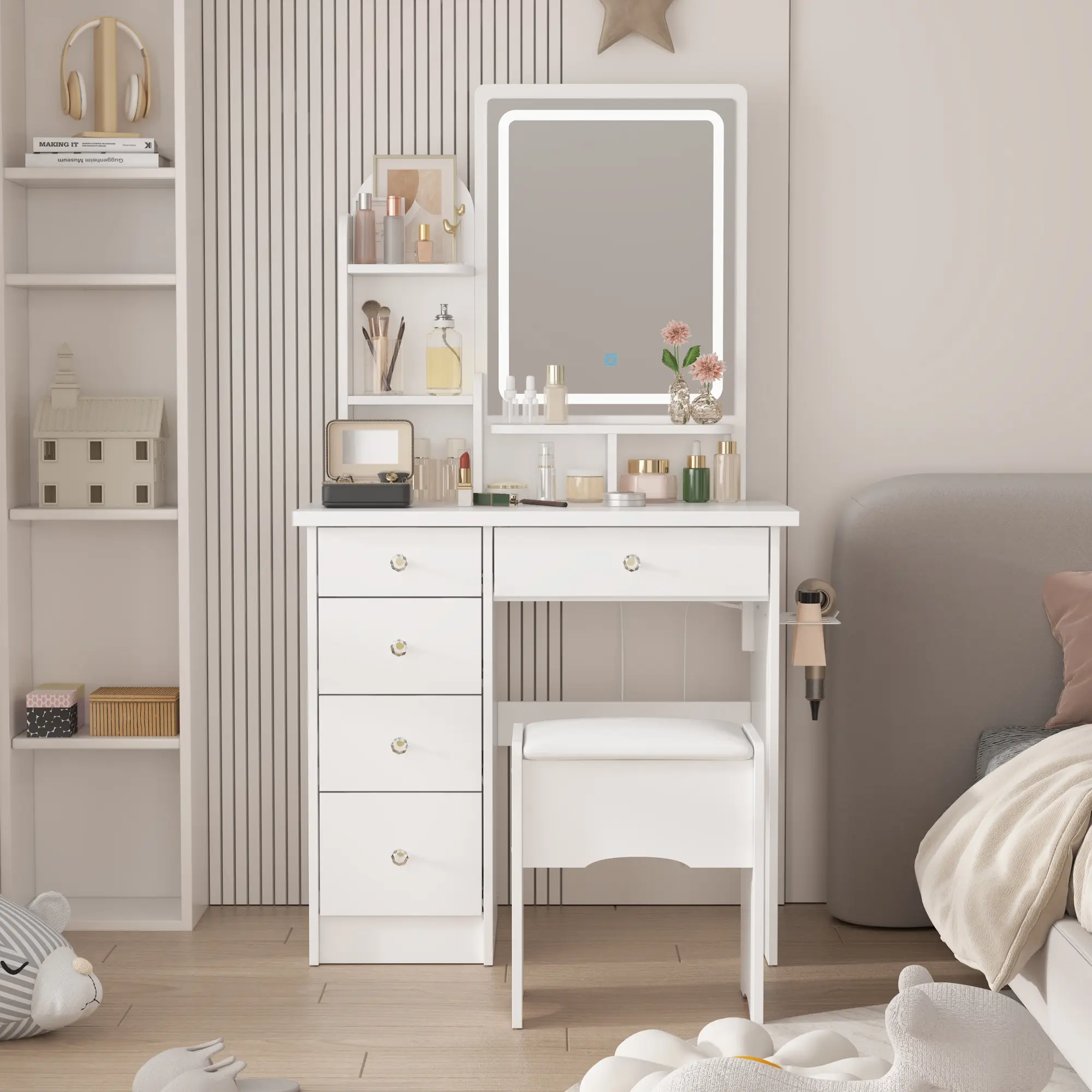 White Vanity with Light+Hair Dryer Holder
