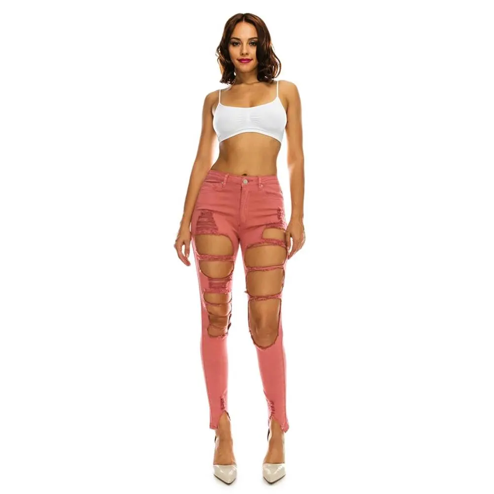 Women's High Rise Destroyed Denim Twill Jeans