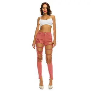 Women's High Rise Destroyed Denim Twill Jeans