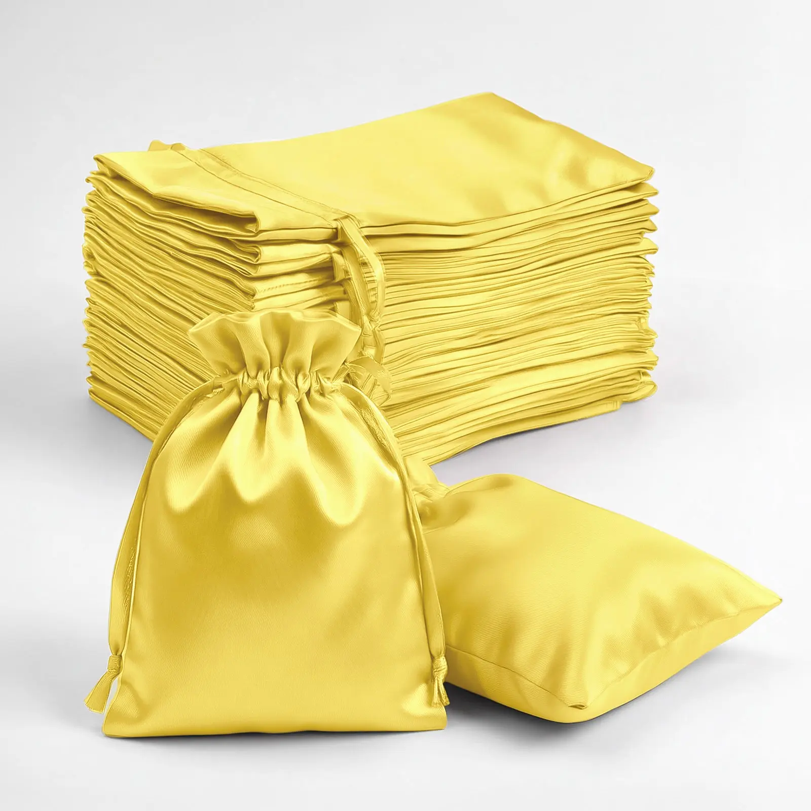 60-Pack Solid Gold Satin Shine Drawstring Favor Bags - 3"x4", No Flat Bottom, Wedding-Ready for Happy Birthday Parties, Jewelry & Candy Gifts, Wedding‑Ready Bag