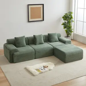 114 Inch Corduroy Modular Sectional Sofa Boneless Couch with Inlaid Structural Design, 4 Freely Configurable Modules, Extra Wide Backrest and 3 Throw Pillows, Modern Upholstered Cloud Sofa for Living Room and Apartment